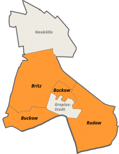 Die Karte zeigt das Projektgebiet von "KlingelZeit" - Britz, Buckow und Rudow