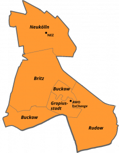 Die Karte zeigt das Projektgebiet von "KlingelZeit" - Neukölln, Britz, Buckow, Rudow und die Gropiusstadt